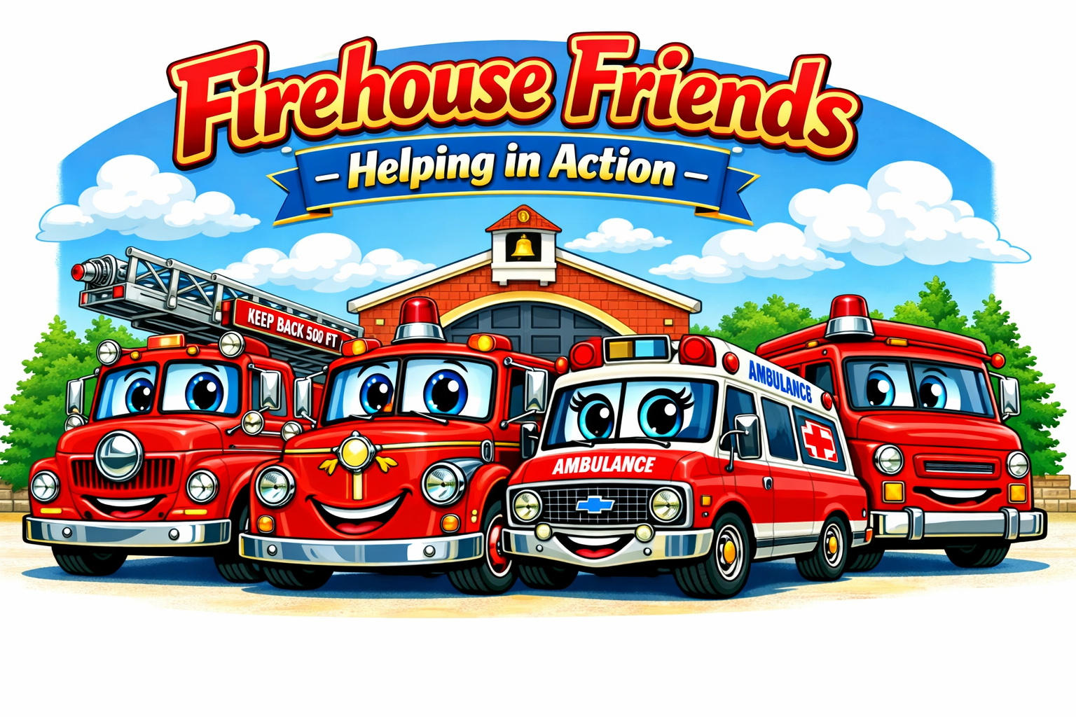 Firehouse Friends fire truck characters lined up together at Company 51